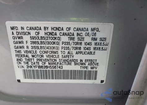 2006 Honda Pilot Ex-L from USA, damaged, VIN 2HKYF18626H556743